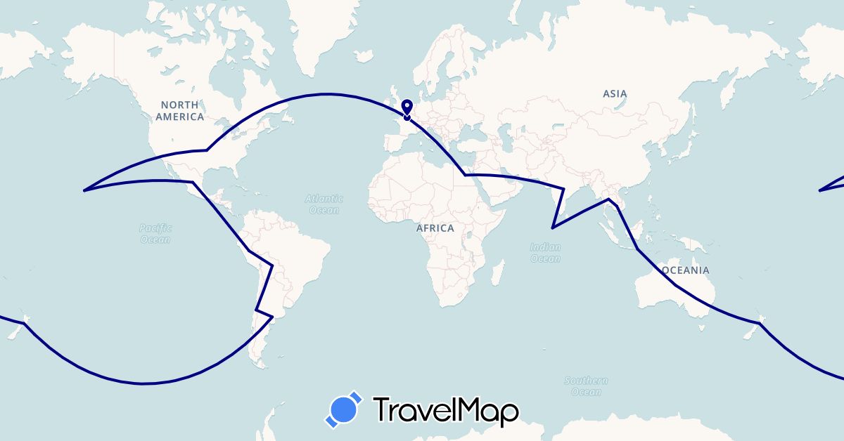TravelMap itinerary: driving in Argentina, Australia, Bolivia, Chile, Egypt, France, Indonesia, India, Cambodia, Maldives, Mexico, New Zealand, Peru, Thailand, United States (Africa, Asia, Europe, North America, Oceania, South America)